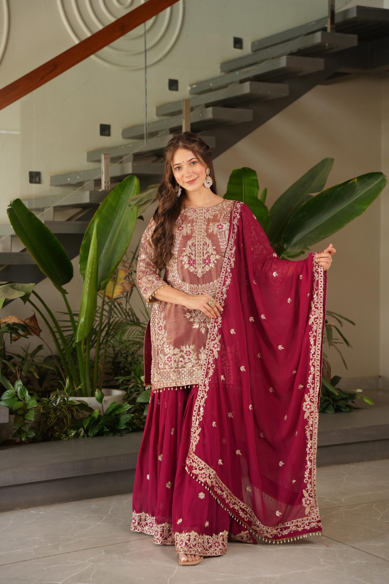 Royal Purple/Red Embroidered Sharara Set - Image 9