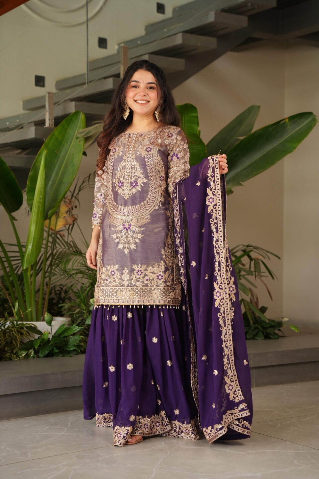 Royal Purple/Red Embroidered Sharara Set - Image 12