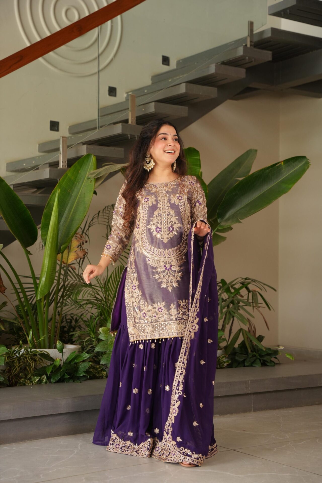 Royal Purple/Red Embroidered Sharara Set - Image 11