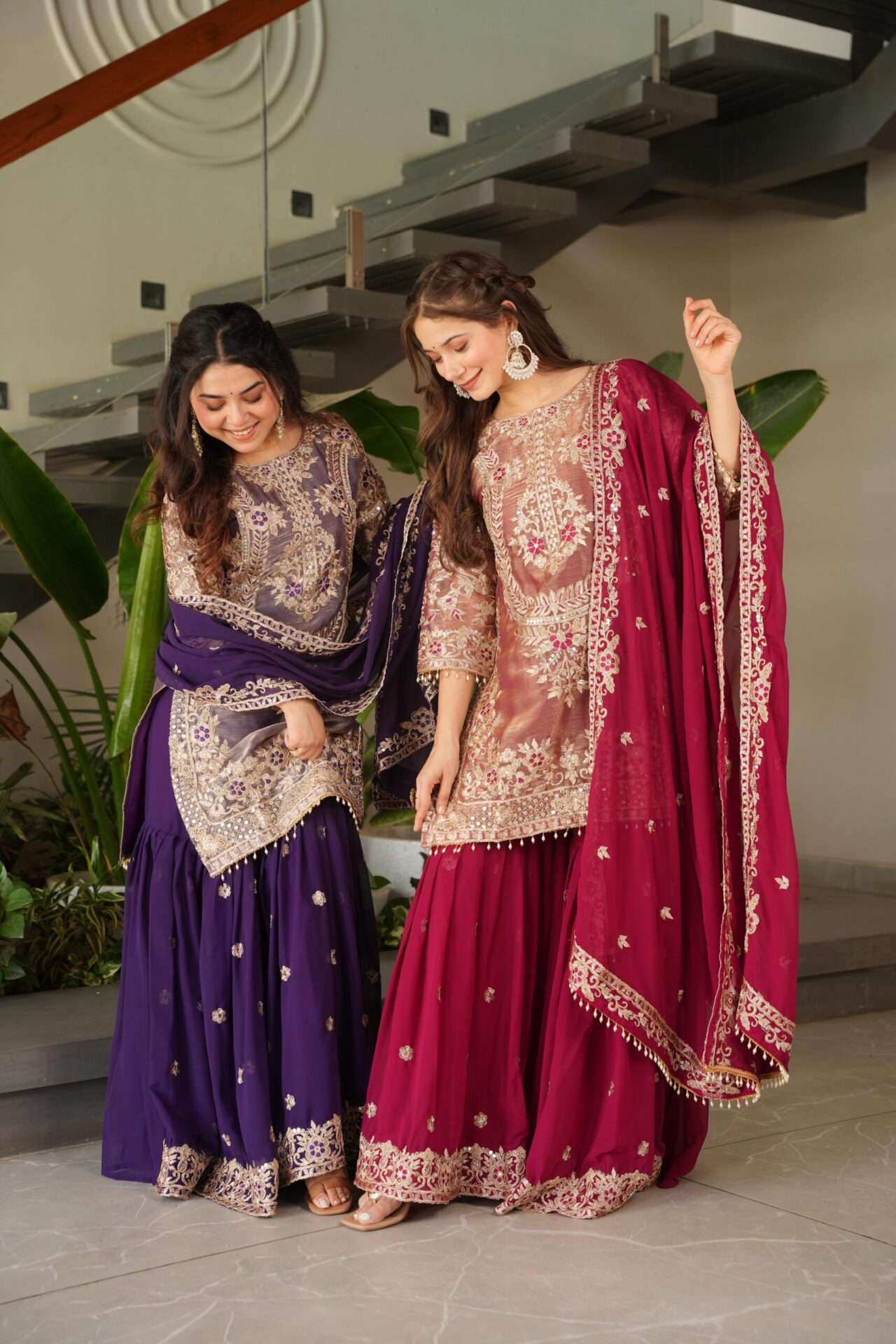 Royal Purple/Red Embroidered Sharara Set - Image 14