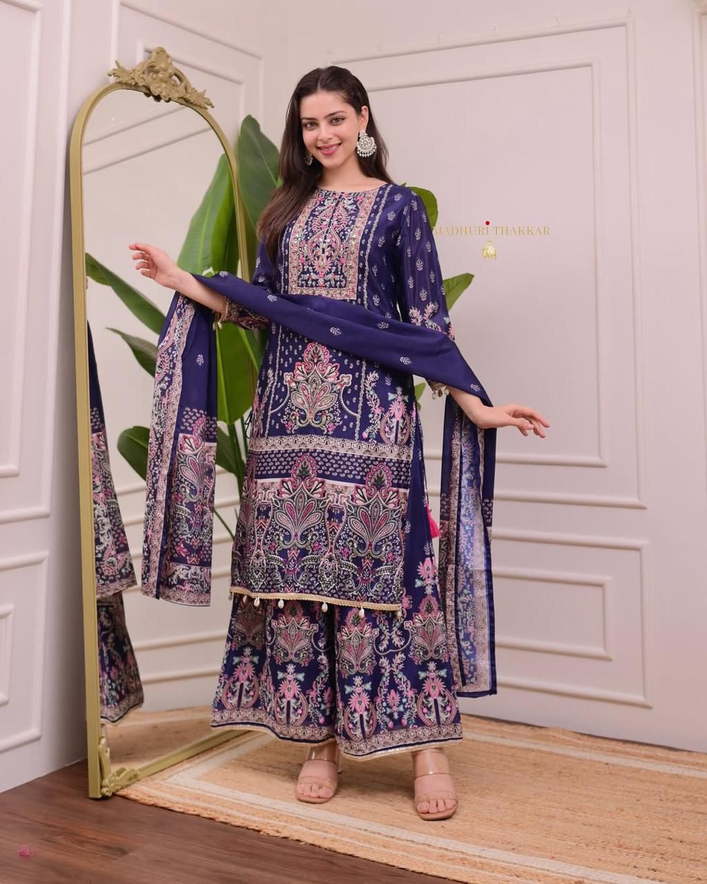 Royal Blue Chinon Silk Designer Plazo Set - Image 3