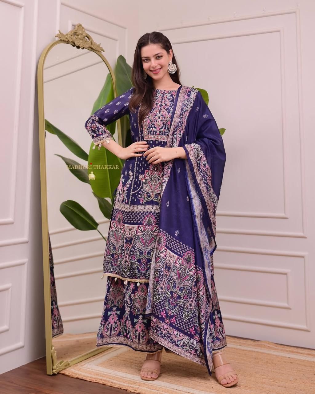 Royal Blue Chinon Silk Designer Plazo Set - Image 5