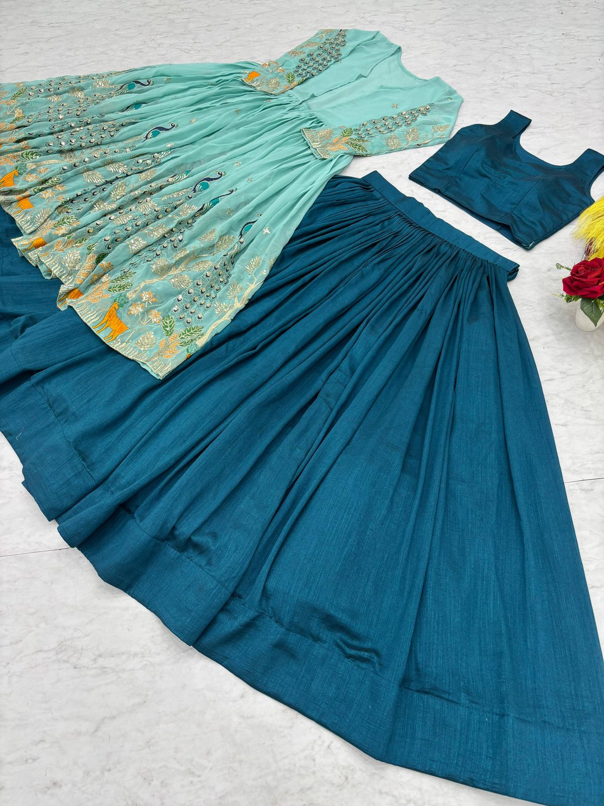 Aqua Vichitra Embroidered Lehenga with Designer Shrug - Image 12