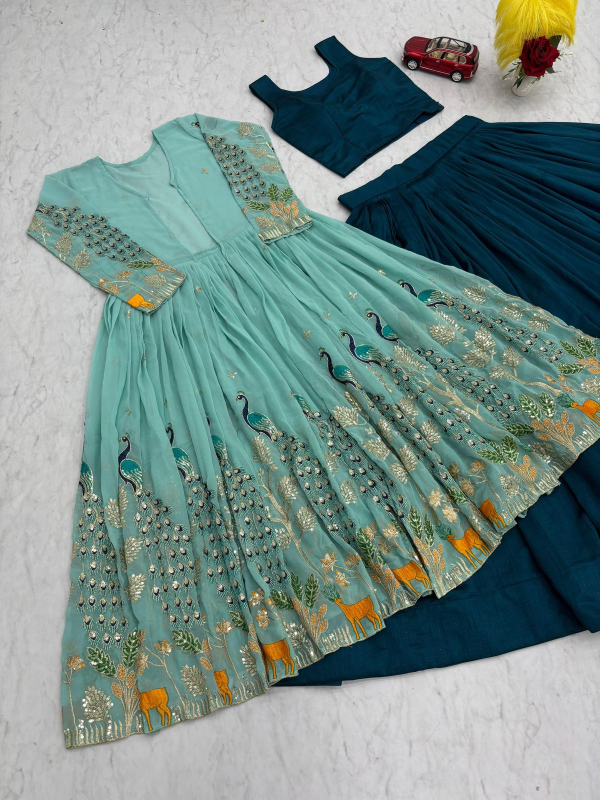 Aqua Vichitra Embroidered Lehenga with Designer Shrug - Image 10