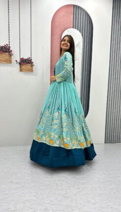 Aqua Vichitra Embroidered Lehenga with Designer Shrug