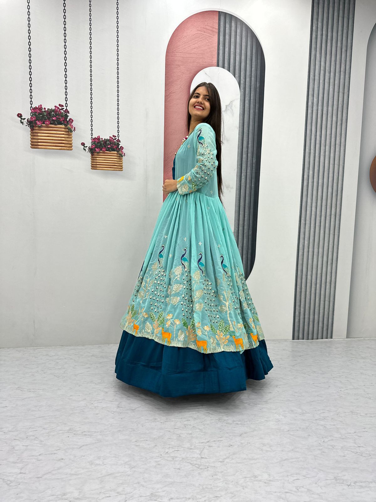 Aqua Vichitra Embroidered Lehenga with Designer Shrug
