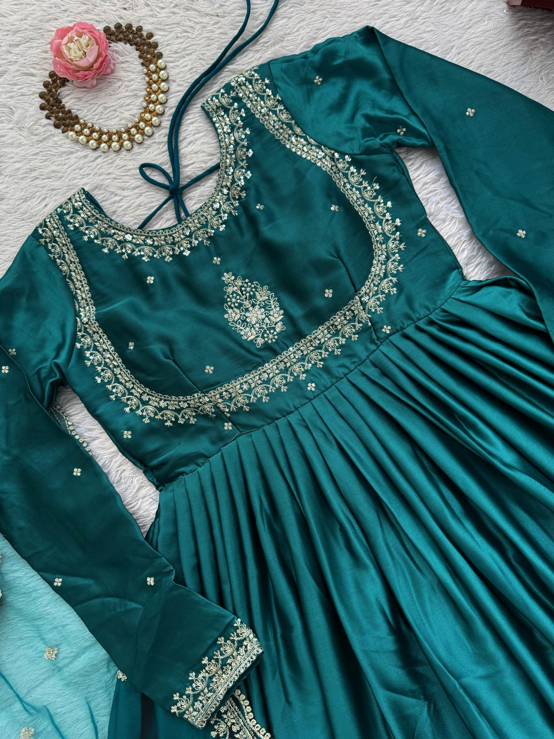 Elegant Teal Green Japan Satin Anarkali Set with Dupatta - Image 4