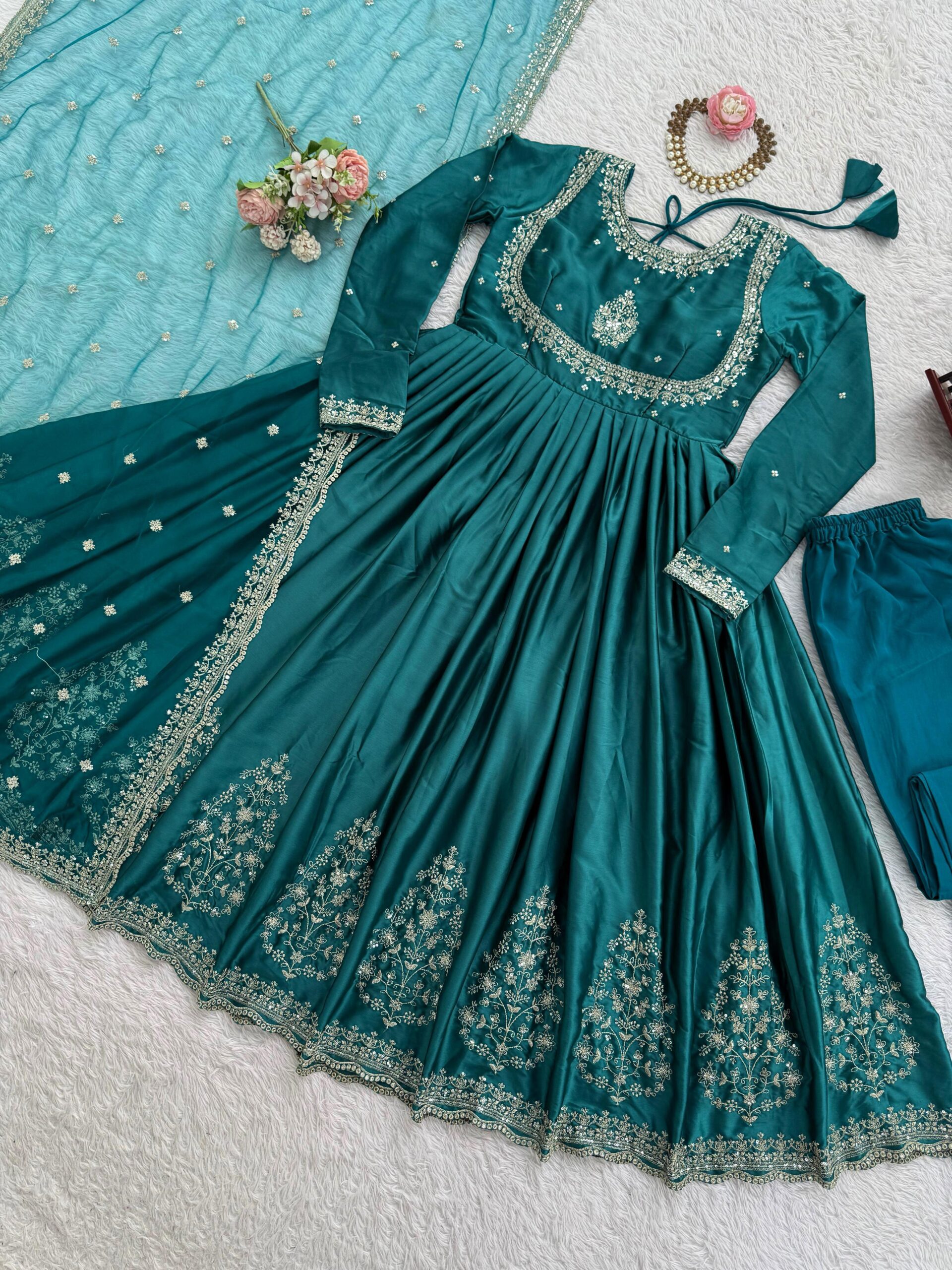 Elegant Teal Green Japan Satin Anarkali Set with Dupatta - Image 5