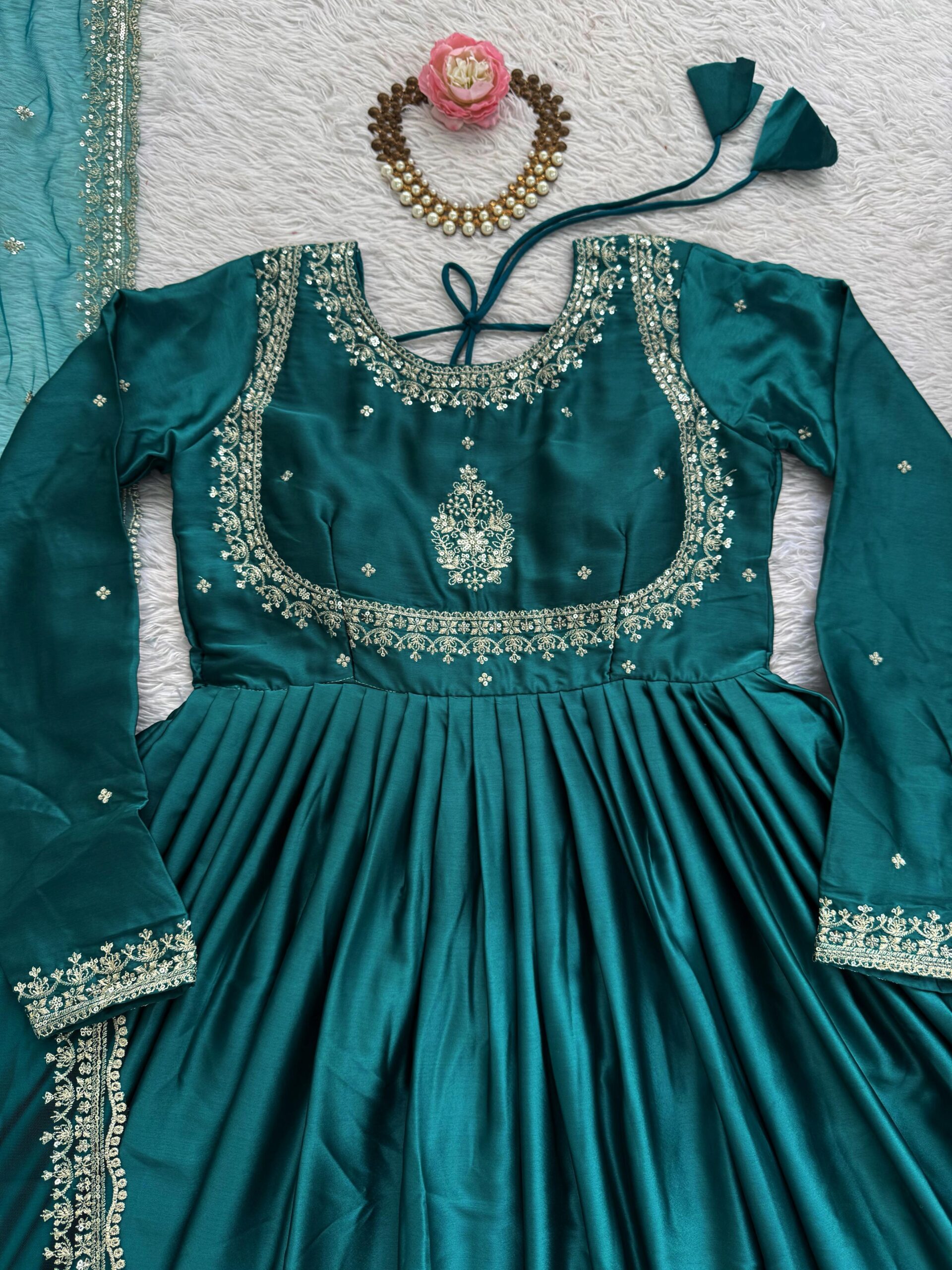 Elegant Teal Green Japan Satin Anarkali Set with Dupatta - Image 6
