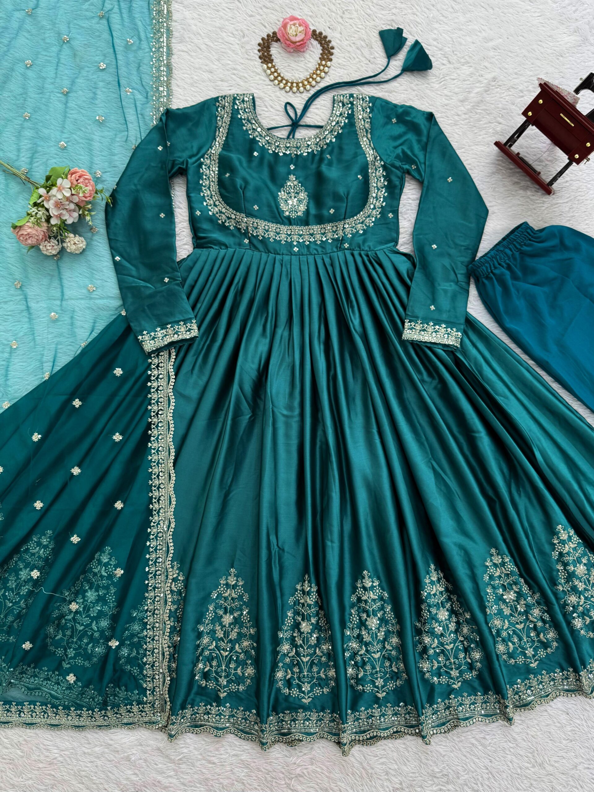 Elegant Teal Green Japan Satin Anarkali Set with Dupatta - Image 7