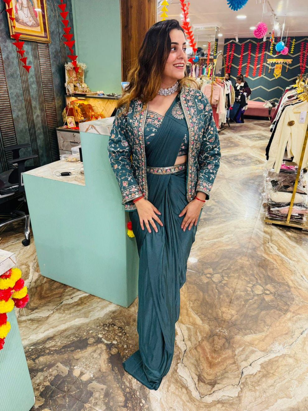 ✨ Indo-Western Satin Silk Saree with Embroidered Jacket & Belt ✨ - Image 4
