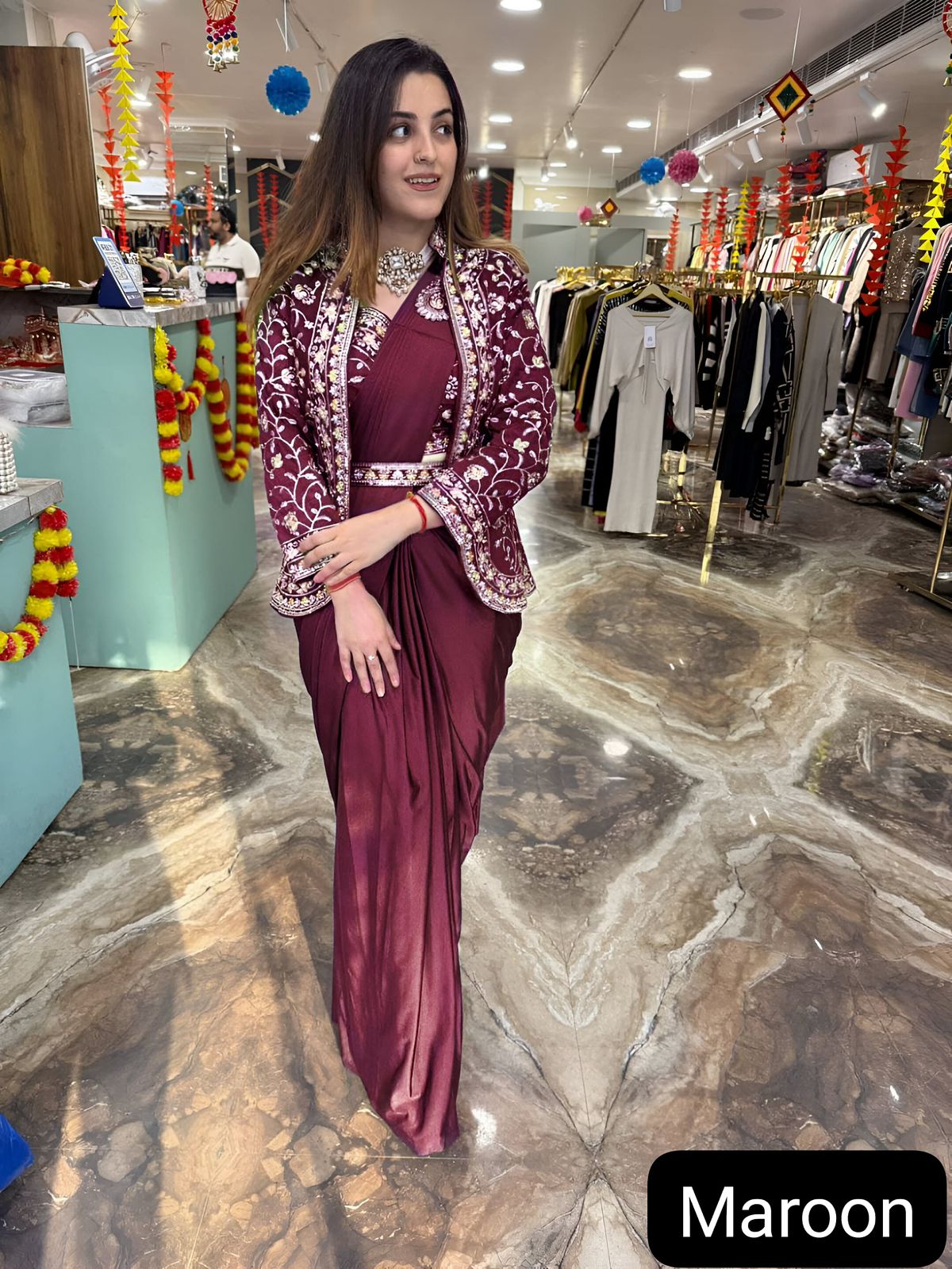 ✨ Indo-Western Satin Silk Saree with Embroidered Jacket & Belt ✨ - Image 3