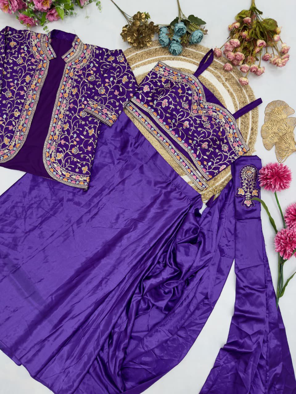 ✨ Indo-Western Satin Silk Saree with Embroidered Jacket & Belt ✨ - Image 2