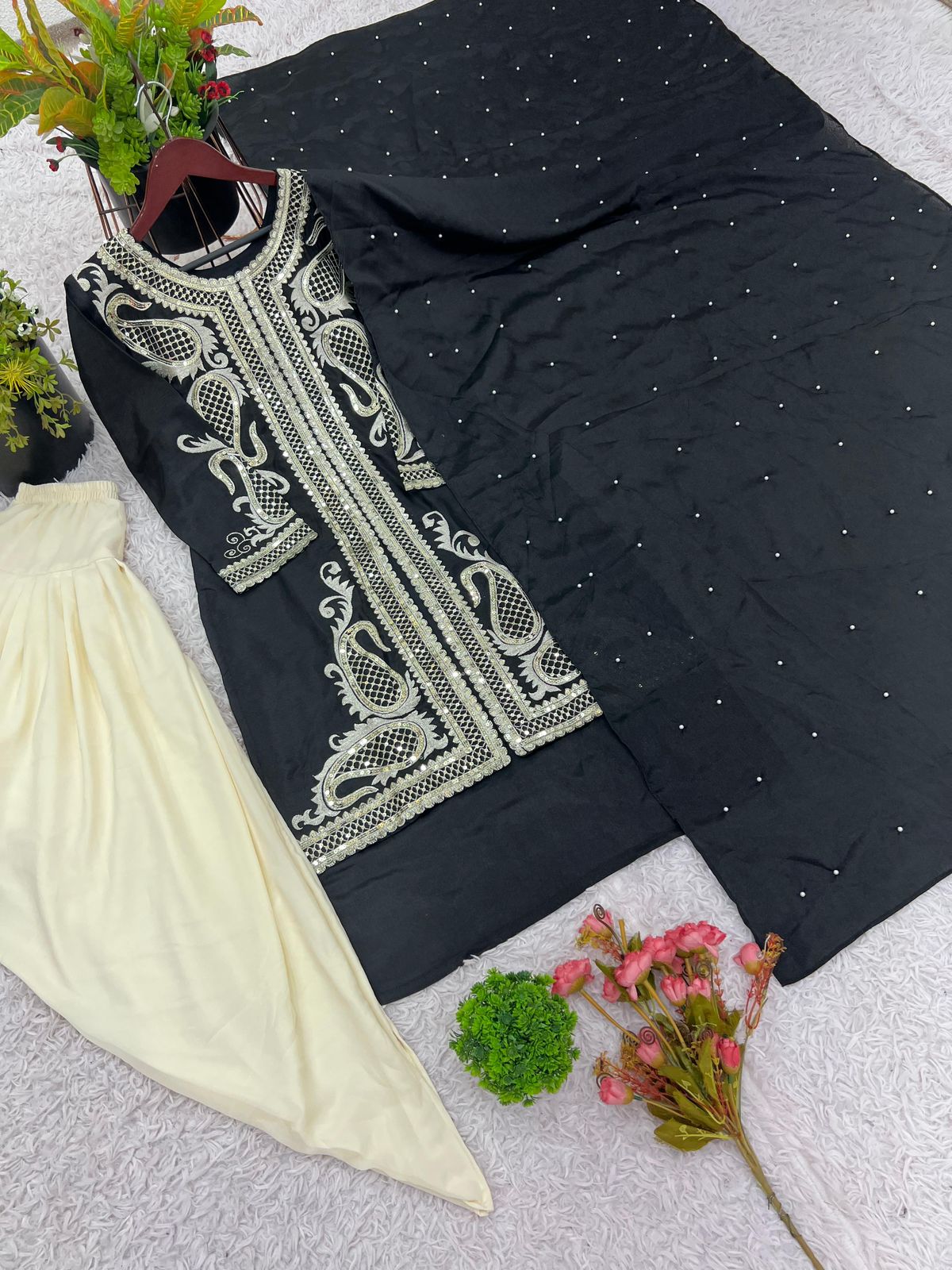 Heavy Chinon Silk Dhoti Salwar Suit with Embroidery - Image 10
