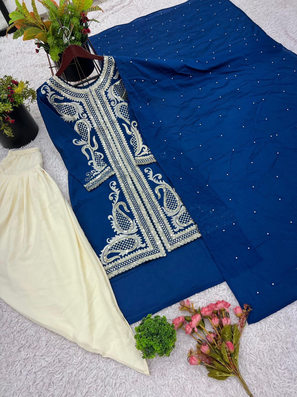 Heavy Chinon Silk Dhoti Salwar Suit with Embroidery - Image 2