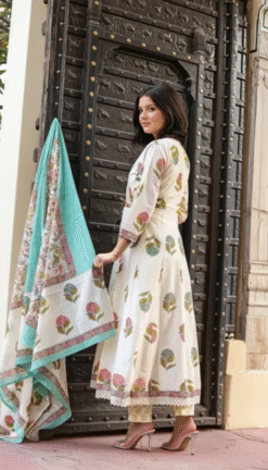 Charming Handwork Cotton Kurta Pant Set with Mul Cotton Dupatta