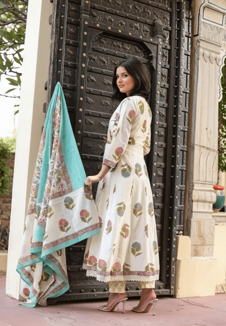 Charming Handwork Cotton Kurta Pant Set with Mul Cotton Dupatta