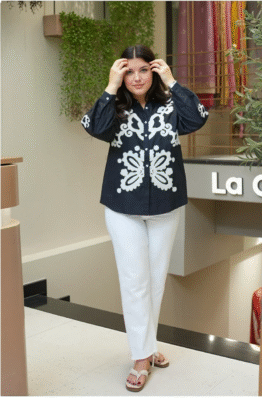 ✨ Pure Cotton Aari Embroidered Top with Bell Bottom Poplin Pant Set