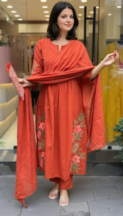 💃 New Designer Festival Collection – Red Cotton Kurta Pant Dupatta Set with Adda & Sequence Work