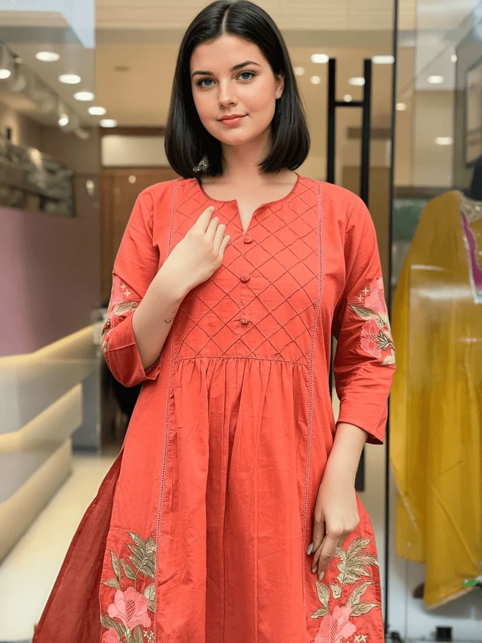 💃 New Designer Festival Collection – Red Cotton Kurta Pant Dupatta Set with Adda & Sequence Work - Image 3