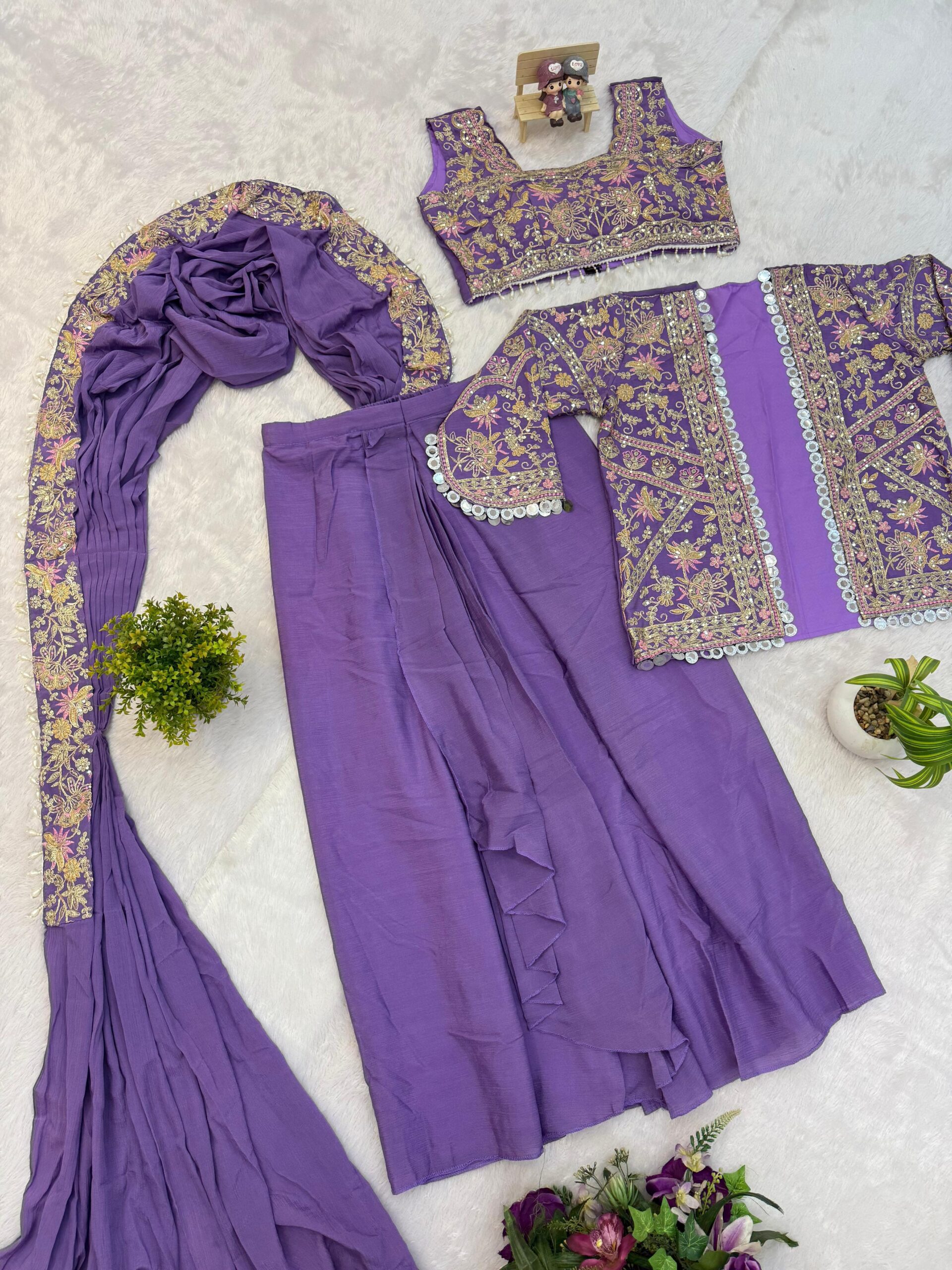 Indo-Western Drape Saree with Embroidered Koti – Ready to Wear Chinon Set - Image 6