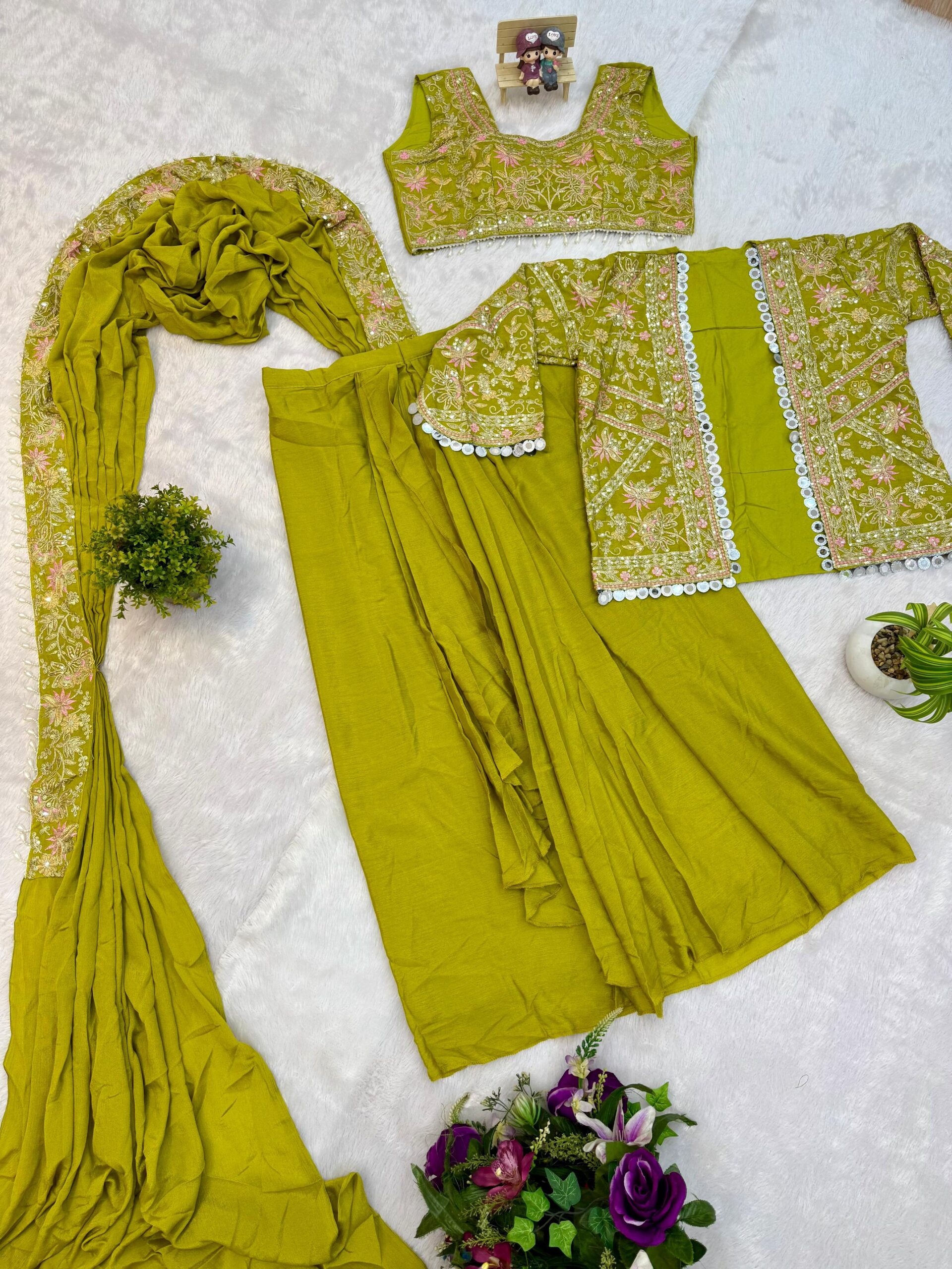 Indo-Western Drape Saree with Embroidered Koti – Ready to Wear Chinon Set - Image 5