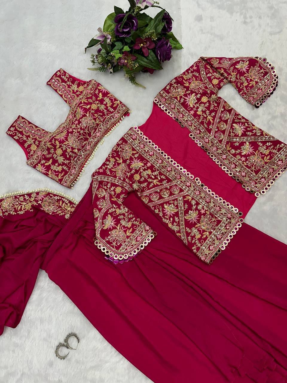 Indo-Western Drape Saree with Embroidered Koti – Ready to Wear Chinon Set - Image 4