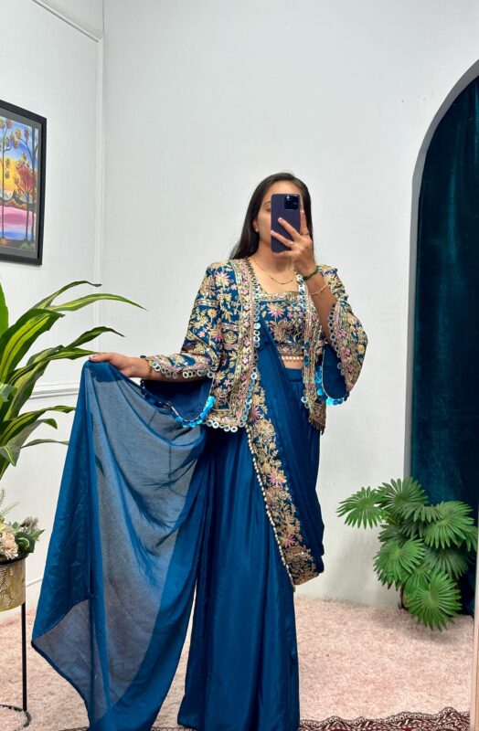 Indo-Western Drape Saree with Embroidered Koti – Ready to Wear Chinon Set