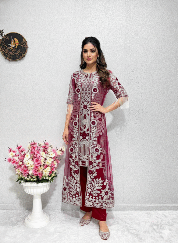 Premium Heavy Soft Net Embroidered Koti & Top Set with Silk Pant – Maroon Edition
