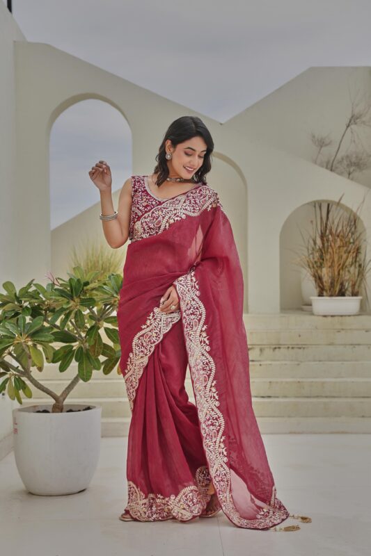 Royal Purple/Red Embroidered Silver Crunchi Saree