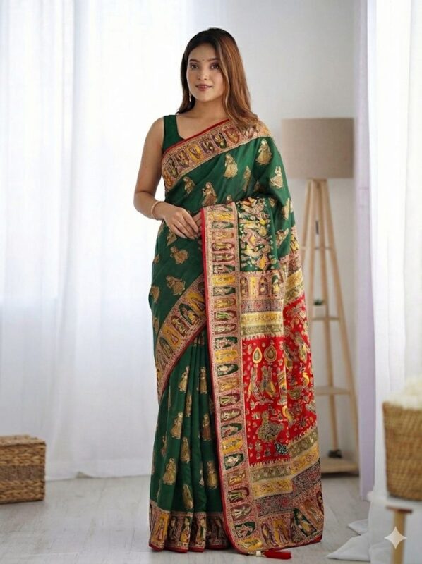 Emerald Green Banarasi Silk Saree with Traditional Red Zari Pallu